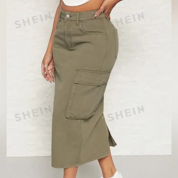 Shein Sxy • Women's Army Green High Waist Cargo Flap Pocket Denim Jean Skirt - Picture 3 of 16